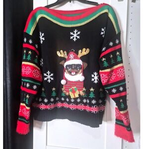 99 Jane Street‎ Ugly Christmas Sweater Pug Reindeer Holiday Knit Black M